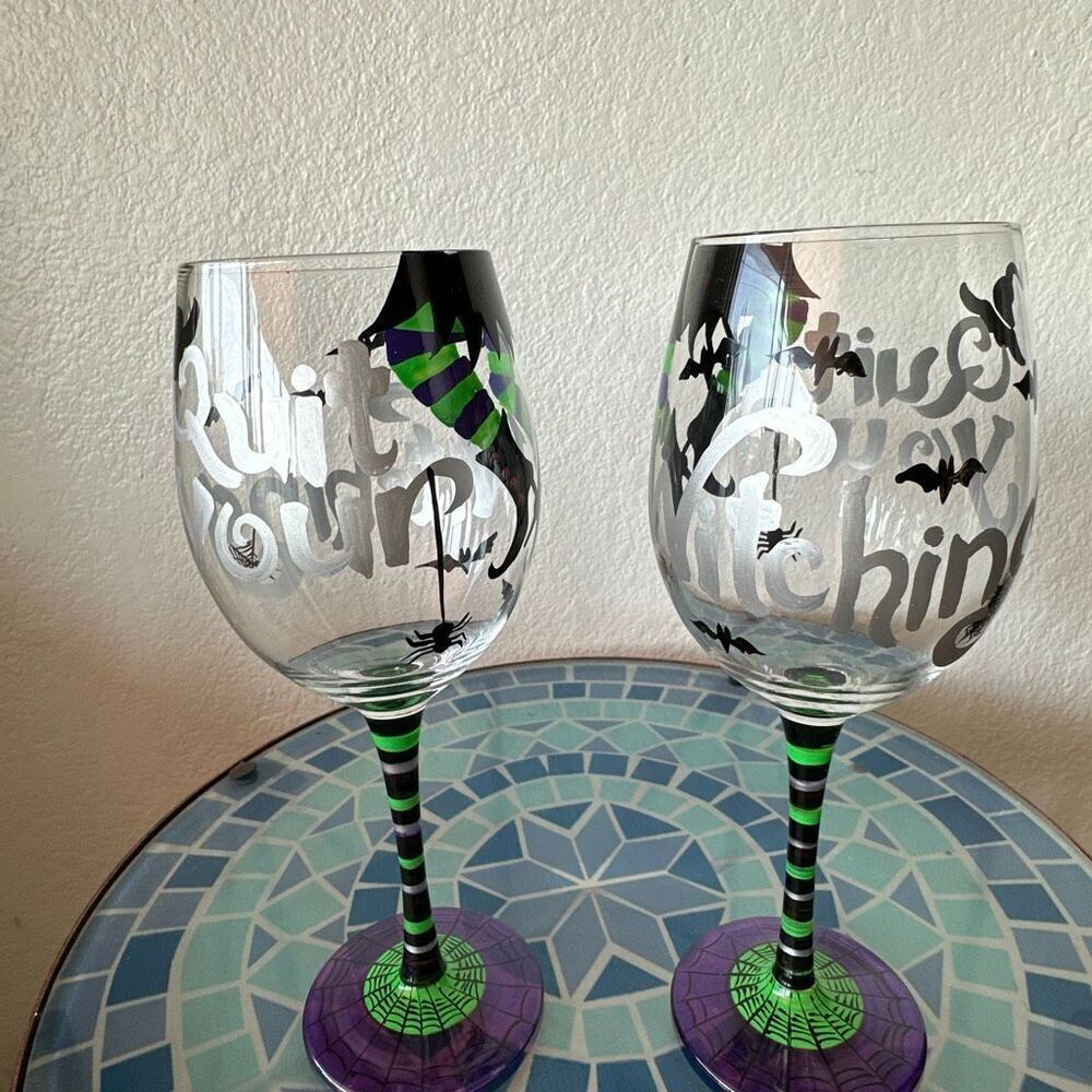 Set of 2 quit your witching Hand painted wine glasses Halloween - Picture 2 of 4